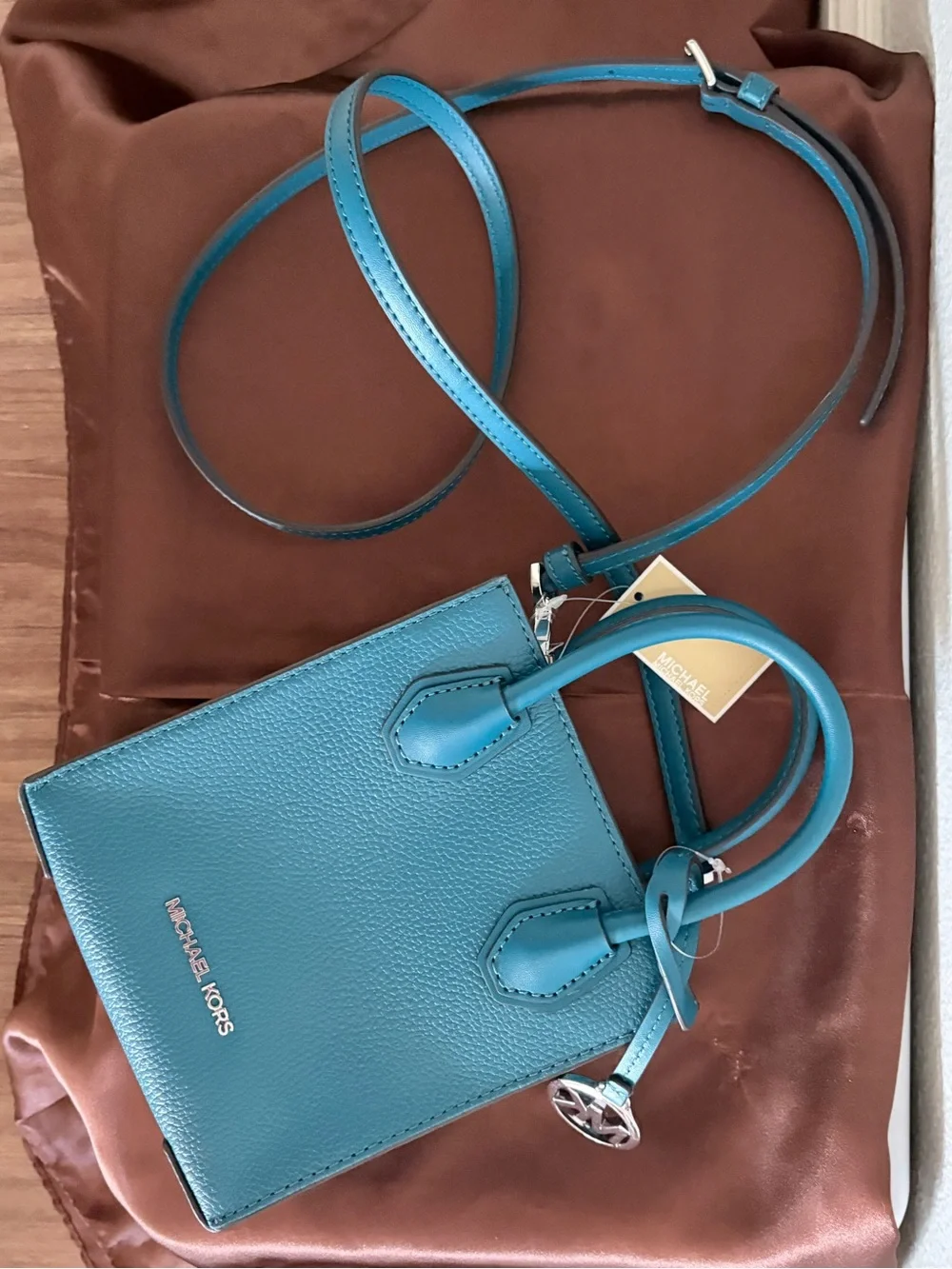 Michael Kors Teal Blue Leather Mini Crossbody Tote